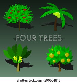 illustration of a set of four different fruit trees