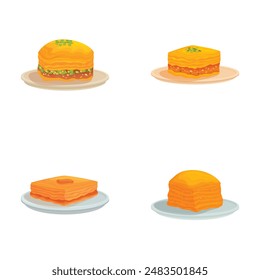 Illustration set of four different types of sweet pastries served on plates, isolated on white