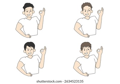 Conjunto de ilustración de cuatro hombres macho guapos haciendo una pose OK