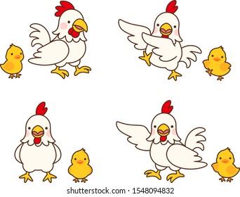 Illustration set of four pairs of chicken and chick in matching poses