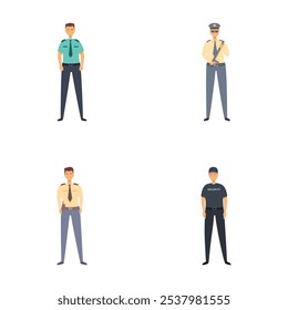 Ilustração conjunto de quatro oficiais de segurança em uniformes diferentes, representando a variedade na profissão