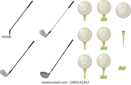 
Illustration set of four types of golf clubs and golf balls