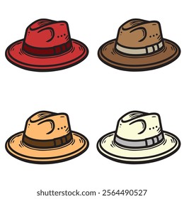 Illustration set of four unique cowboy hats in various styles and colors. Perfect for Western themes, branding, or creative projects. High-quality, versatile, and ready for digital or print use.