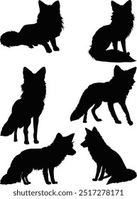 illustration with set of fox silhouettes isolated on white background