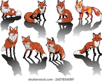 illustration with set of foxes isolated on white background