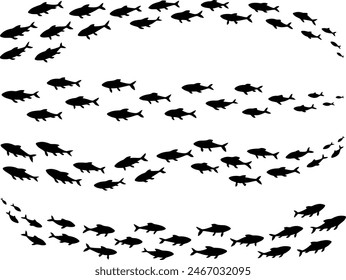 Illustration set of frames and borders with silhouettes of fish schools