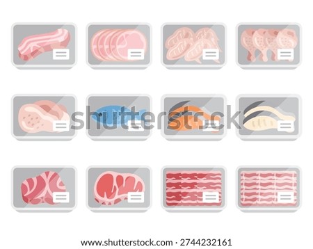 Illustration set of fresh fish and meat icons in supermarket packs