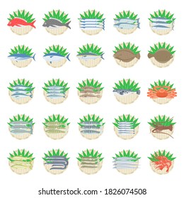 Illustration set of fresh fish on a colander.