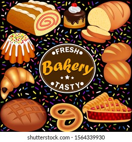 Illustration set of fresh, tasty pastries with roll, loaf, pie, cake, pretzel and croissant.