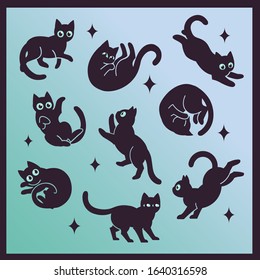 Illustration set of frisky black cats in nine different poses