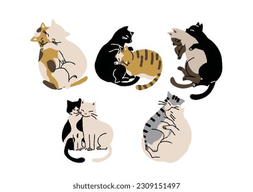  Illustration Set von froltickenden Katzen Zwei Katzen vertrauen einander und haben physischen Kontakt