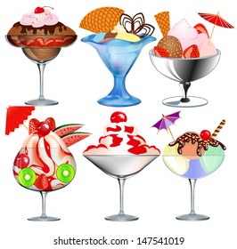 Illustration of a set of fruit ice cream in a glass beaker