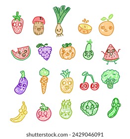 Illustration set fruits and vegetable with crayons style, cucumber, carrot, mashroom, watermnelon, cabage, onion, banana cute design vector illustration 