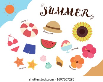 Illustration set of fun summer material ,handwritten style