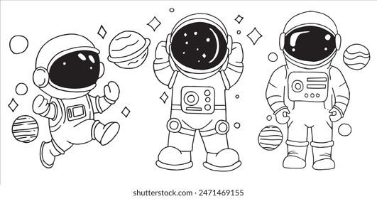 illustration of a set of funny astronauts in doodle style. line drawing for children, space and planets