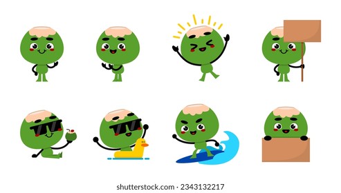 illustration set of funny coconut mascot vector. summer cute mascot. cartoon mascot summer vibes.