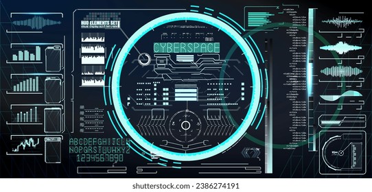 Ilustración de un conjunto de elementos HUD futuristas para diseños temáticos del ciberespacio. Diseñar e incluir gráficos, gráficos y texto.Estos elementos son perfectos para proyectos de ciencia ficción, tecnología y diseño digital