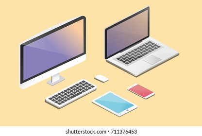 Conjunto de Ilustração de Gadget Dispositivos eletrônicos Computador Tablet Laptop e Smartphone vector em EPS10 em Isométrico