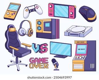 Illustration set of gaming peripherals featuring a handheld game console, game controller, gaming PC, gaming chair, microphone, headphones, and arcade machine. 
Perfect for gaming-themed designs