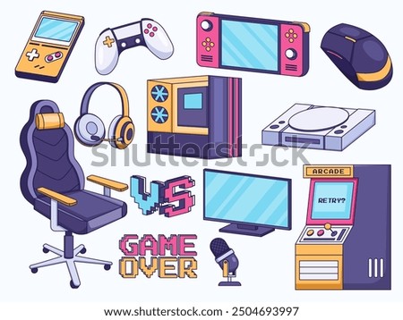 Illustration set of gaming peripherals featuring a handheld game console, game controller, gaming PC, gaming chair, microphone, headphones, and arcade machine. 
Perfect for gaming-themed designs