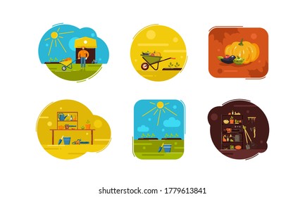 Illustration set of gardening hobby with tools and vegetables. Design in flat style