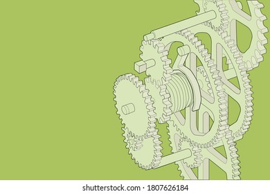 Illustration of set of gears part of the mechanism of a clock