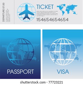 illustration of a set of generic airplane tickets, passport and visa documents