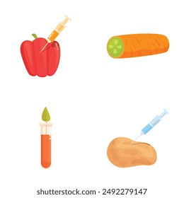 Illustration set of genetically modified foods including a syringeinjected bell pepper, carrot, and potato, plus a test tube with a plant sample