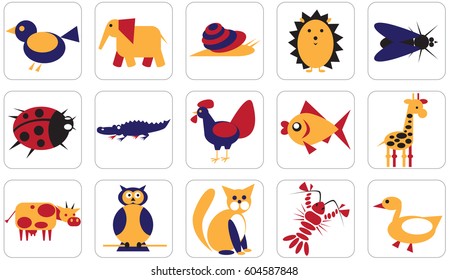 Illustration: set of geometric icons of animals, birds, insects on white background