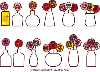 Illustration set of gerbera in various vases