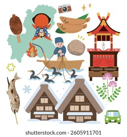 Illustration set of Gifu prefecture in Japan, simple vector illustration.  "Hida" are written in Japanese.