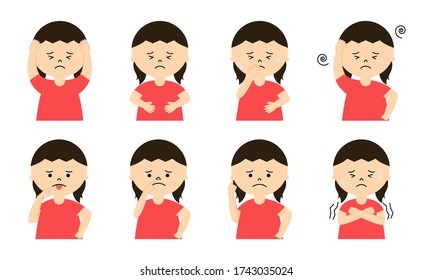 Illustration set of girl with eight different symptoms