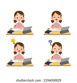 Illustration set of a girl learning using a tablet