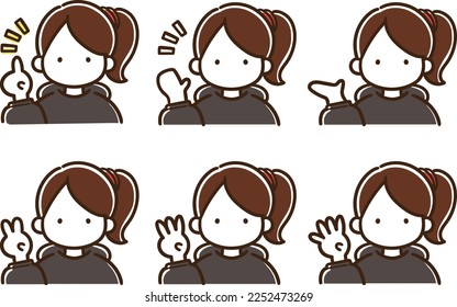 Illustration set of a girl with a ponytail wearing a black hoodie that summarizes expressions that can be used in educational settings