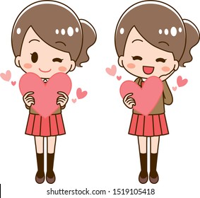 Illustration set of girl student embracing heart