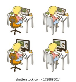 Illustration set of a girl taking an online class on a tablet and PC. Vector illustration on white background.