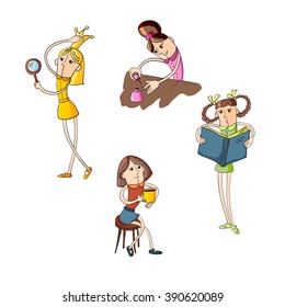 Illustration of a set of girls doing beauty, flat color, cartoon style, Drink coffee, paint nails, read books