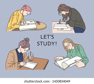 An illustration set of girls studying at their desks. hand drawn style vector design illustrations. 