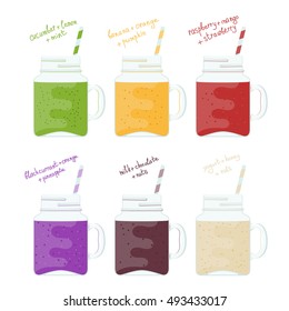 Illustration set of glass jars with colorful smoothies. Natural healthy food. Vitamin drinks smoothie on a white background. Cartoon style. Flat style smoothies.