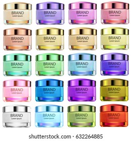 Illustration set of glass jars of different colors for beauty creams and products for use in advertising and design