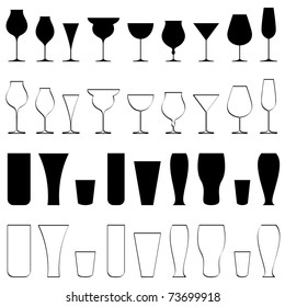illustration of set of glasses of different beverages on isolated background