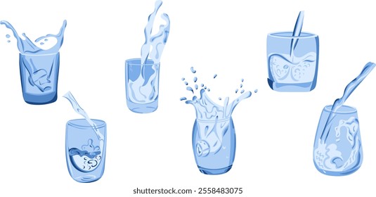 Illustration set of glasses with splashing water, dynamic liquid movements, and modern minimalistic design in shades of blue. Vector hand drawn drawing isolated on white background
