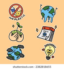Illustration of a set of global warming. Cute doodle bundle of stickers.  Global warming, plastic pollution, air pollution, care, green world.