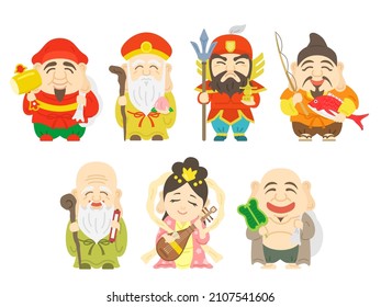 Illustration set of the gods of the Seven Lucky Gods.