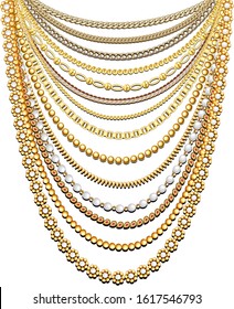 Illustration set of gold chains and beads in a large necklace.