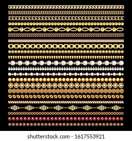 Illustration set of gold chains and beads in the form of borders and brushes.