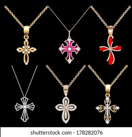 Illustration set gold cross pendant with gems