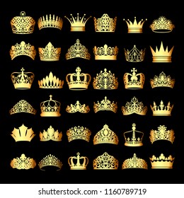 Illustration of a set of gold crowns on a black background