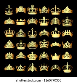 Illustration of a set of gold crowns on a black background