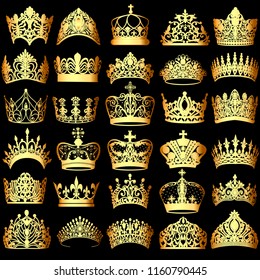 Illustration of a set of gold crowns on a black background